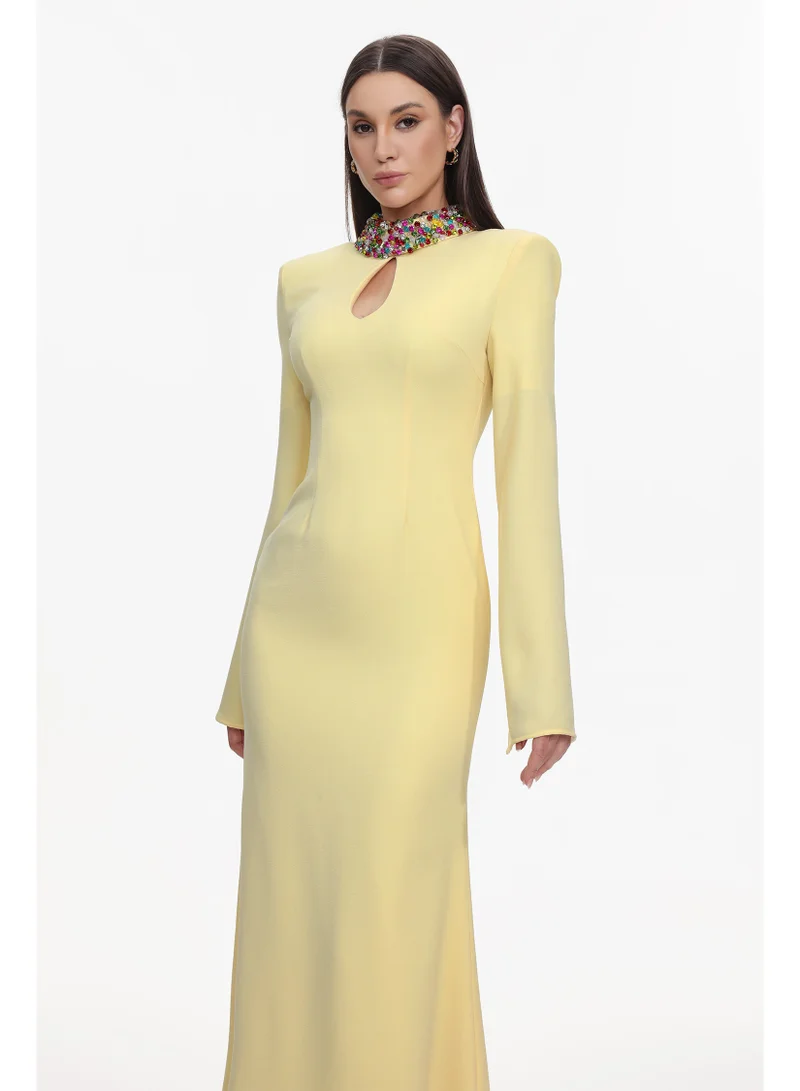 Bella Barnett  Ditala Elegant Tailored Cape Sleeve Cut Out Rhinestone Woven Maxi Dress for Women | Best Price UAE